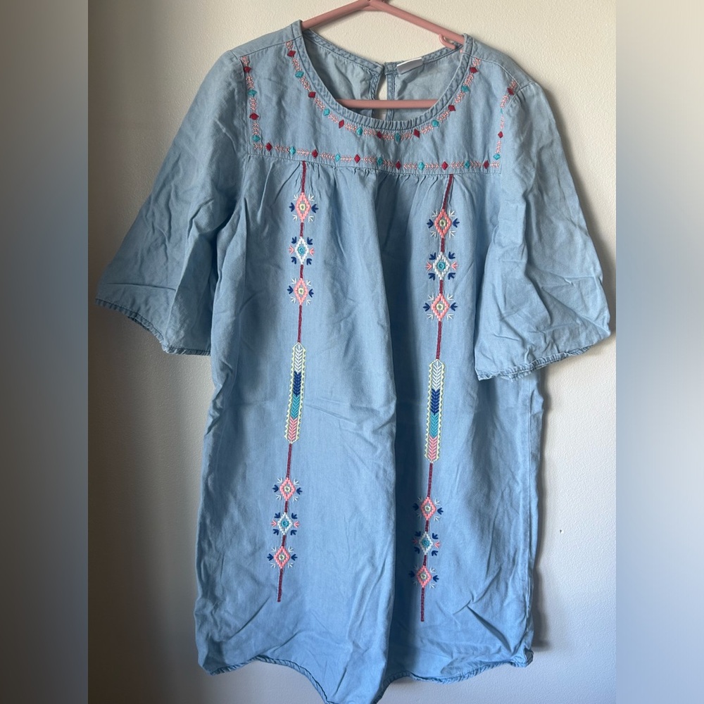 Girls Boho Denim Dress with Aztec pattern